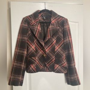 Arden B Plaid Pleated Blazer Jacket,Size L,Red and Grey multi